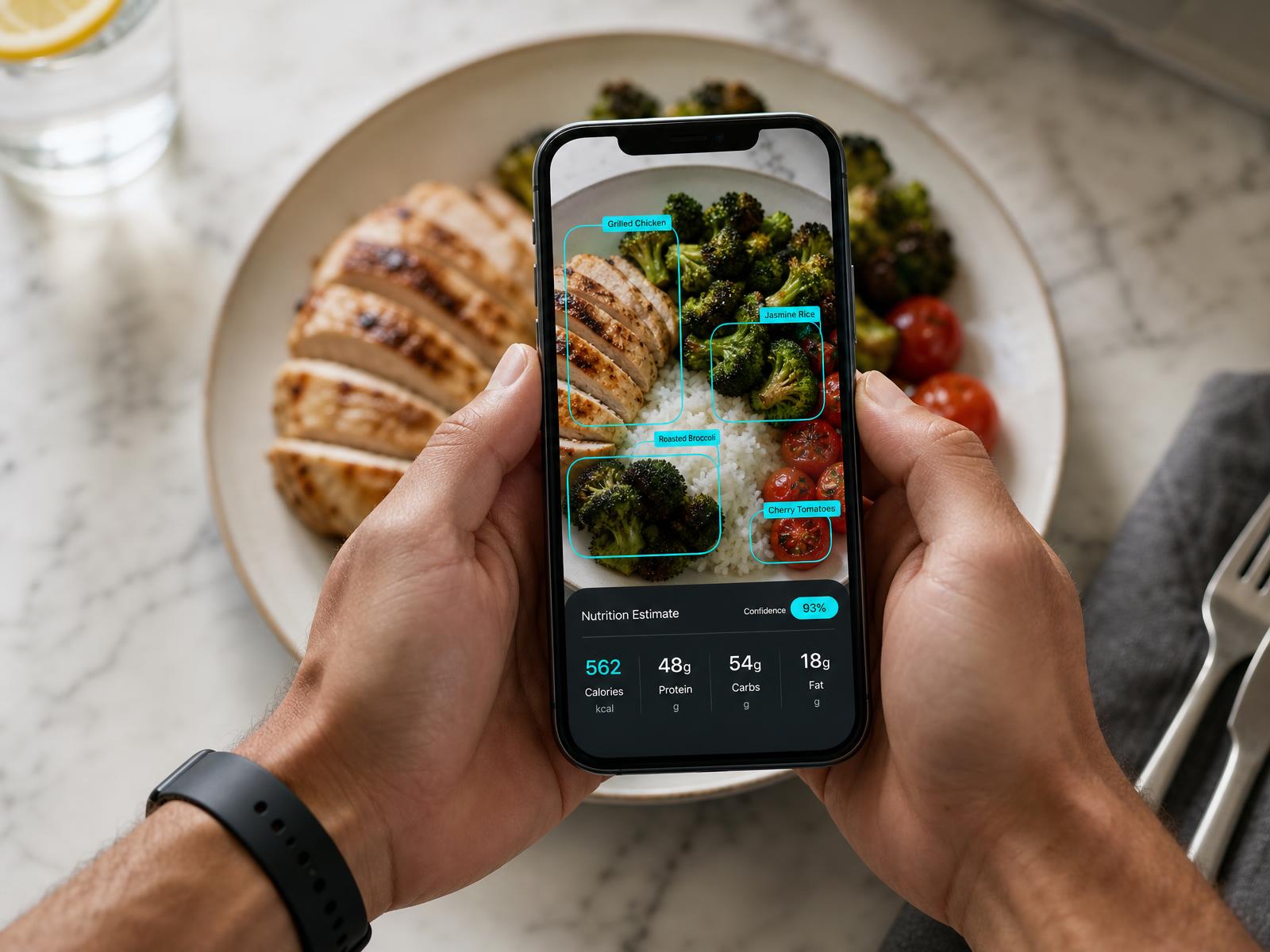 Hands holding a smartphone above a healthy plate of grilled chicken, sweet potato, broccoli and quinoa