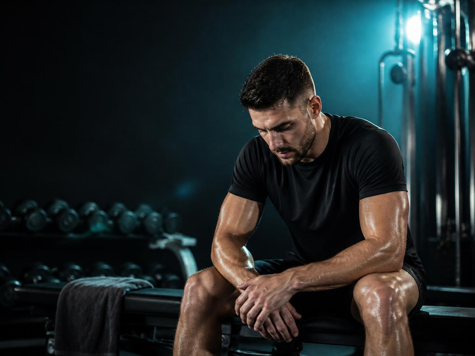 Athlete resting on a bench between sets in a dark gym
